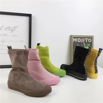 

Ankle Boots Flock Platform Women Shoes Elastic Martin Boots Fashion Shoes Black Pink Autumn 2019 New Ladies Casual Soft Boots