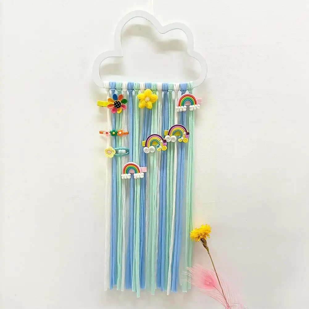 Urbalabs Cloud Rainbow Girls Bow Holder 16 inch Wooden Hairbow Holder Organizer Hairpins Bow Storage Hanger Wood Hair Storage Wall Hanger for Little