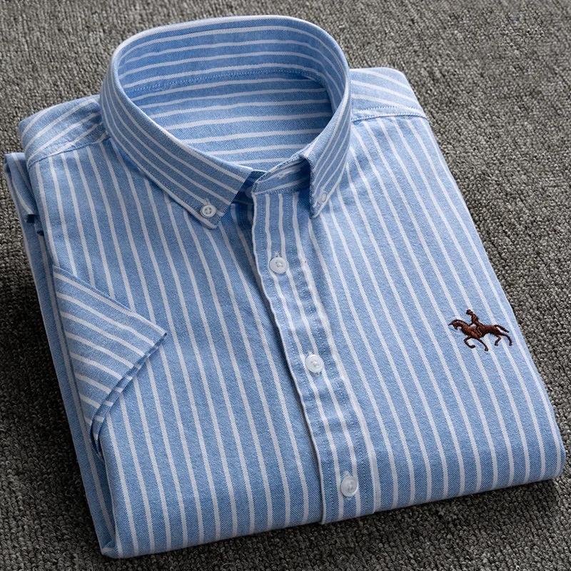 Summer 100% Cotton Oxford Men\'s Dress Shirts White Short Sleeve Embroidery Soft Comfortable Slim Fit Business Man Casual Shirts