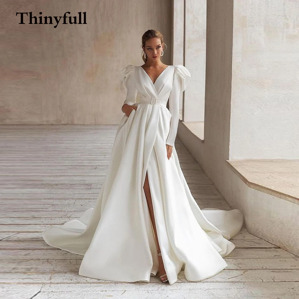 Thinyfull Long A Line Bhemian Wedding Dresses With Sashes Sleeves Side Slit Beach Mariage Gowns Bodice Country Vestido Boda | Свадьбы и