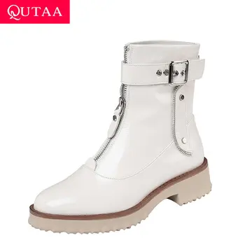 

QUTAA 2020 Cow Patent Leather Middle Heel Fashion Women Shoes Round Toe Front Zipper Buckle Hook&Loop Ankle Boots Size 34-42