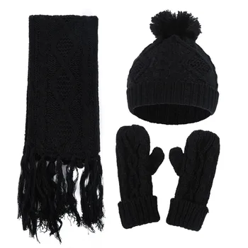 

Set Winter Knitted Hat Warm Windproof Scarf AND Gloves Casual Artificial Woolen