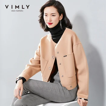 

Vimly Women Wool Coat Autumn Winter Vintage Single Breasted Solid Slim Short Jacket Casual Casaco Feminino 3285H 3285T