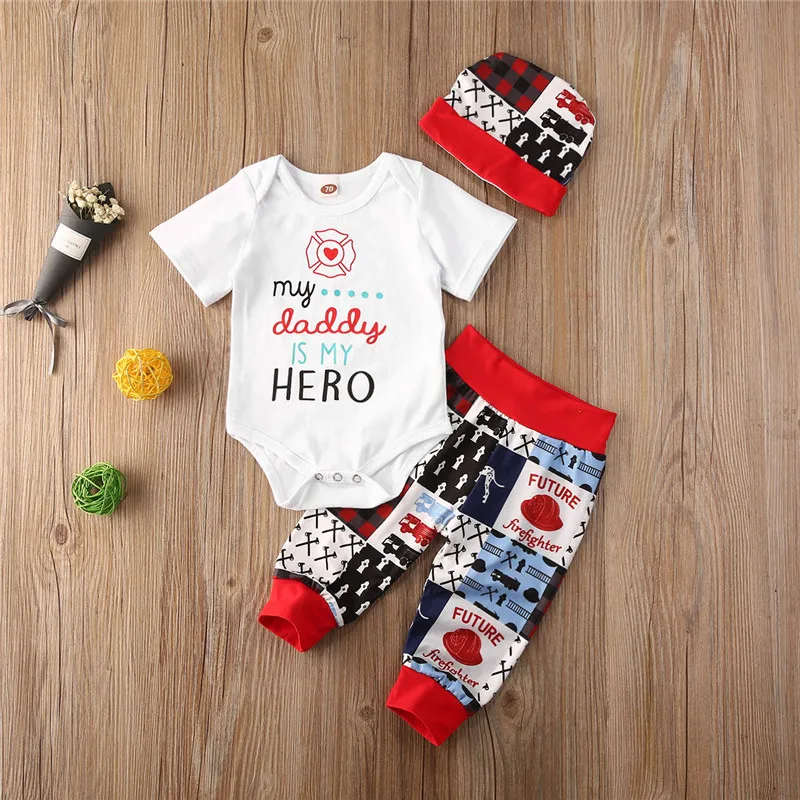

2020 New Fashion Baby Father´s Day Short Sleeve Printed Jumpsuit + Pants + Hat Set Kids Toddler Summer Outfits 3-pieces