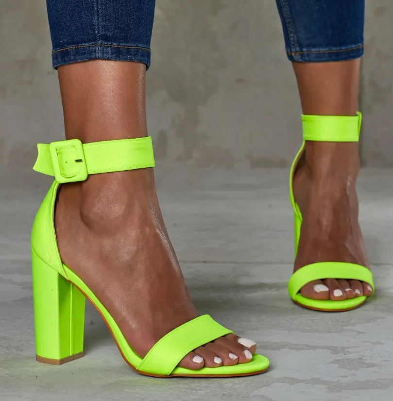 

MHYONS 2019 Class PU Summer Women Sandals Buckle Strap Square High Heels Round Toe Party Solid Rose red Green Orange Size 35-42