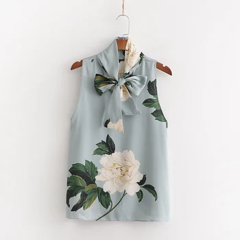 

Women Flower Printing 2019 Blouse With Bow Tie Chinese Style Vintage Female Shirt Blusas Mujer