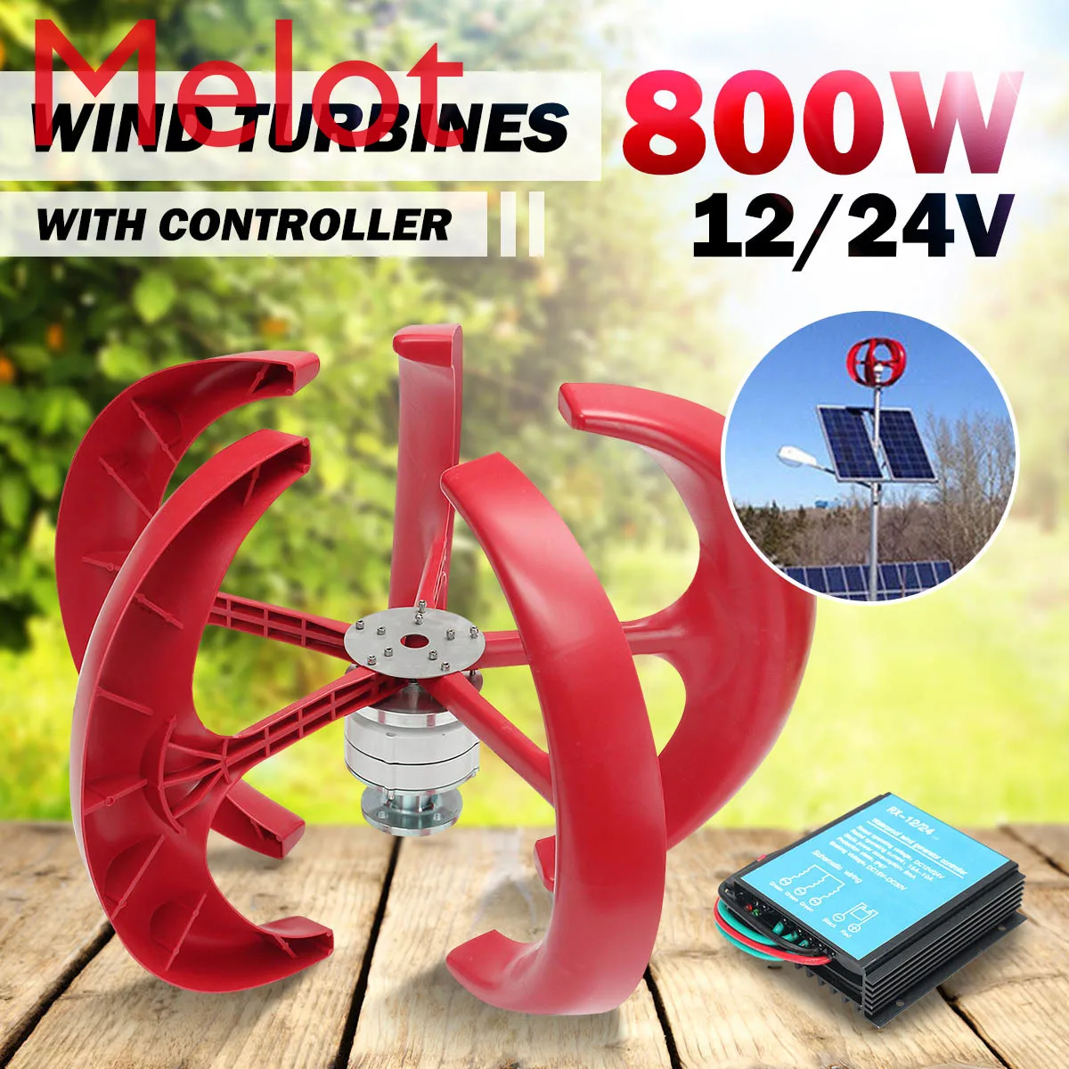 

800W 12V/24V Wind Power Generator Vertical Wind T urbine Lantern 5 Blades Motor with controller for home streelight Hy brid use