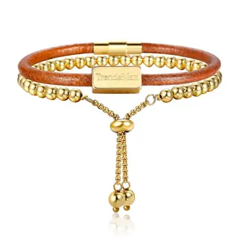 

2pcs/set Bracelet for Women Girls Gold Stainless Steel Beaded Brown Genuine Leather Adjustable Woman Bracelets Bangles DLBF53