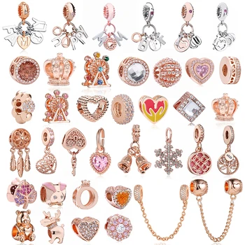 

2Pcs/Lot Romantic Crystal FAMILY Love Pendant Charm Beads fit Original Brand Bracelets for Women DIY Jewelry Making Rose Gold