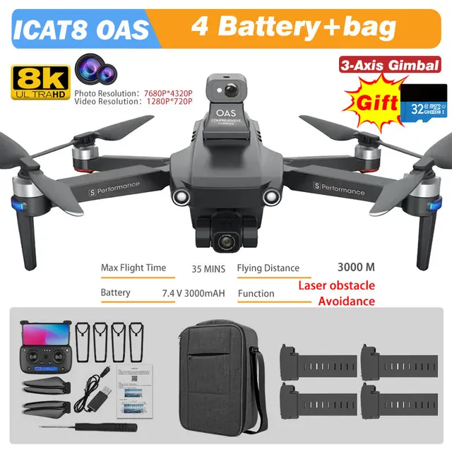 MFM 3-Axis EIS Camera Drone GPS 8K 35min 360° Obstacle Avoidance Professional 5G FPV 1.5Km Long Distance Brushless Icat8 Dron 4K OAS 8K 4B Bag BL TF