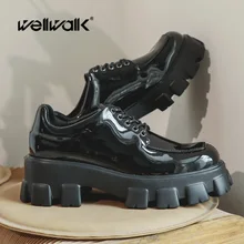 Лакированной кожи мотоциклетная обувь Для женщин на платформе светильник подошва обувь со шнуровкой на нескользящей подошве на плоской подошве, с перфорацией типа броги Модная стильная женская шикарная обувь в стиле Дерби круглый носок