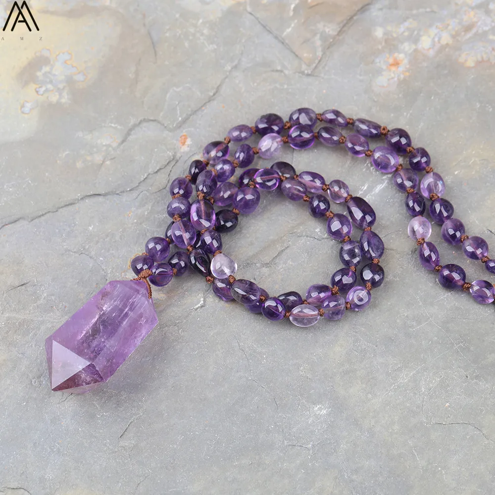 Натуральный аметист кварц чип шарик Мала ожерелье Женщины Двойной палкой фиолетовый кварц точка ожерелье с узелками длинные 32 дюйма N0259AMDD