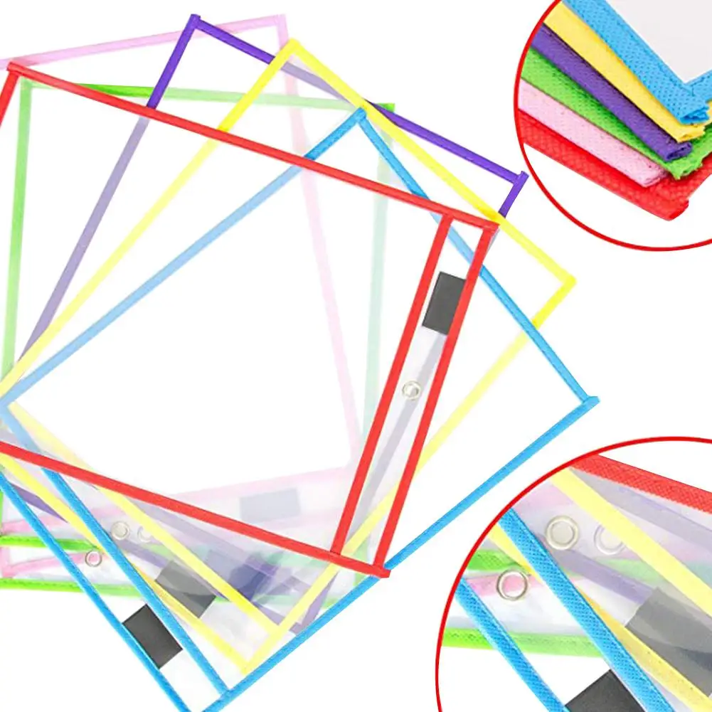 

Original Kids Transparent Write Wipe Pockets Reusable Dry Erase Pockets Sleeves 6 Assorted Colors With Pen Holder Hot Sale