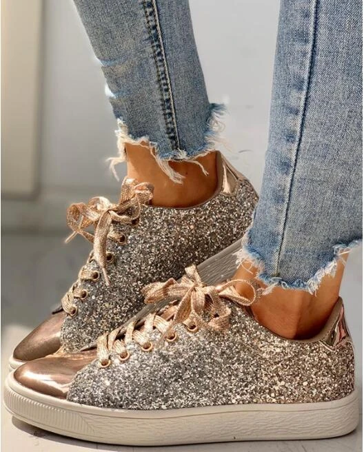 Zapatillas de deporte informales Rock Glitter para mujer, zapatos brillantes con cordones Suela blanca, a la vulcanizados de mujer| - AliExpress