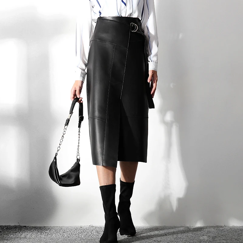 LANMREM Winter Women's New Solid Color High Waist Mid-length Skirt With Belt Slim Fit A-line Shine Pu Leather Skirt PC316