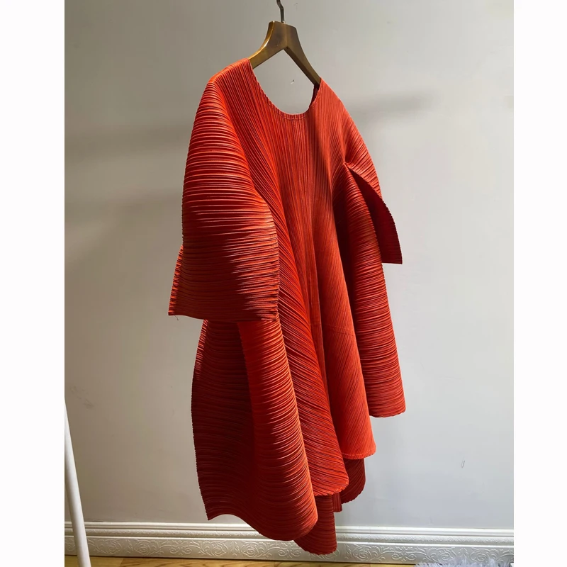 Changpleat новые женские свободные топы Miyak плиссированные Модные Дизайнерские однотонные женские футболки с круглым вырезом большого размера