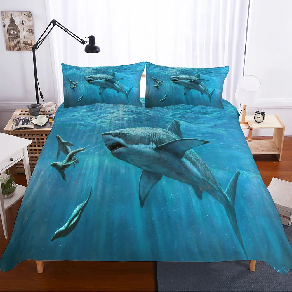 Комплект постельного белья с 3D принтом акулы из 3 предметов, простыня для детей, наволочка пододеяльник, комплекты для США, Великобритании, Австралии, размер - Цвет: Blue Shark