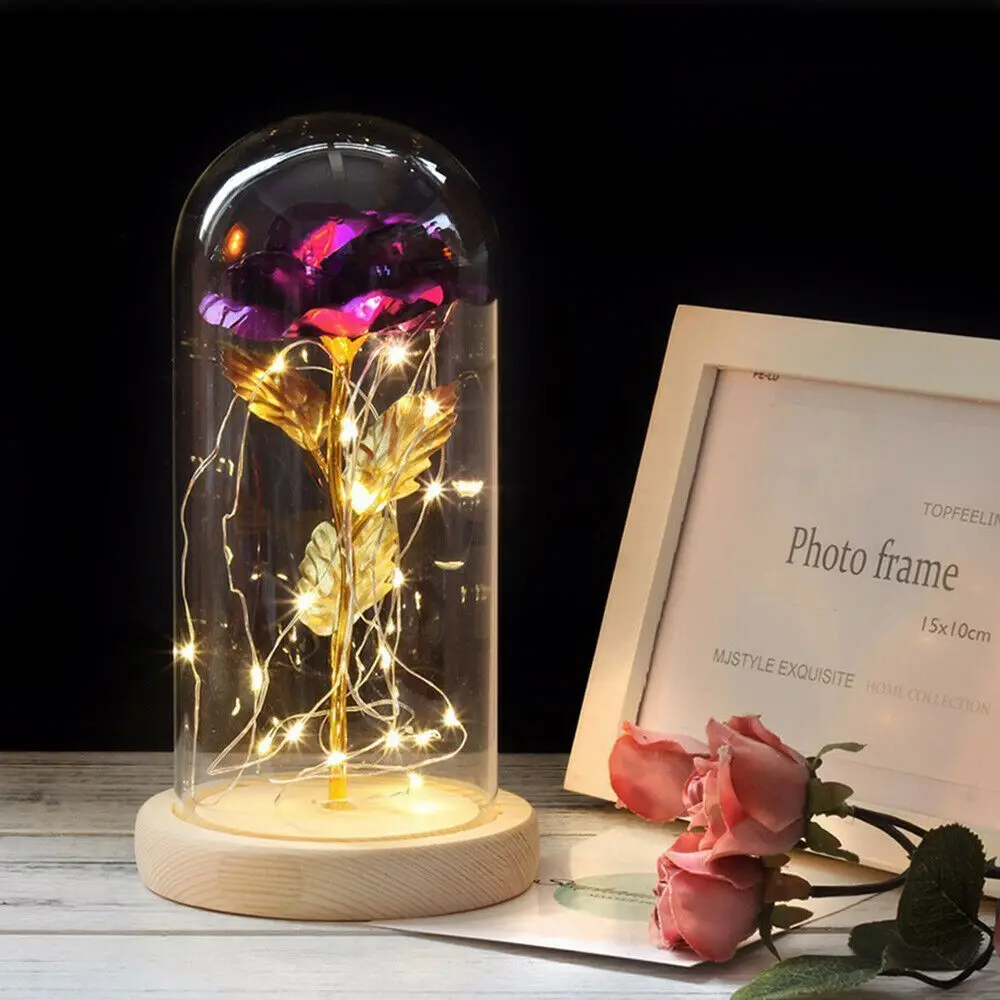 Светодиодный подарок на день Святого Валентина с изображением галактики розы, романтическая Хрустальная роза, высокая Боровая стеклянная деревянная основа, вечерние украшения для подруги и жены