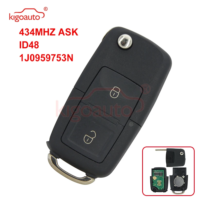Kigoauto Remote Key 2 Button HU66 433.9MHZ ASK ID48 1JO 959 753 N for VW Bora Seat Ibiza Skoda Octavia 2000