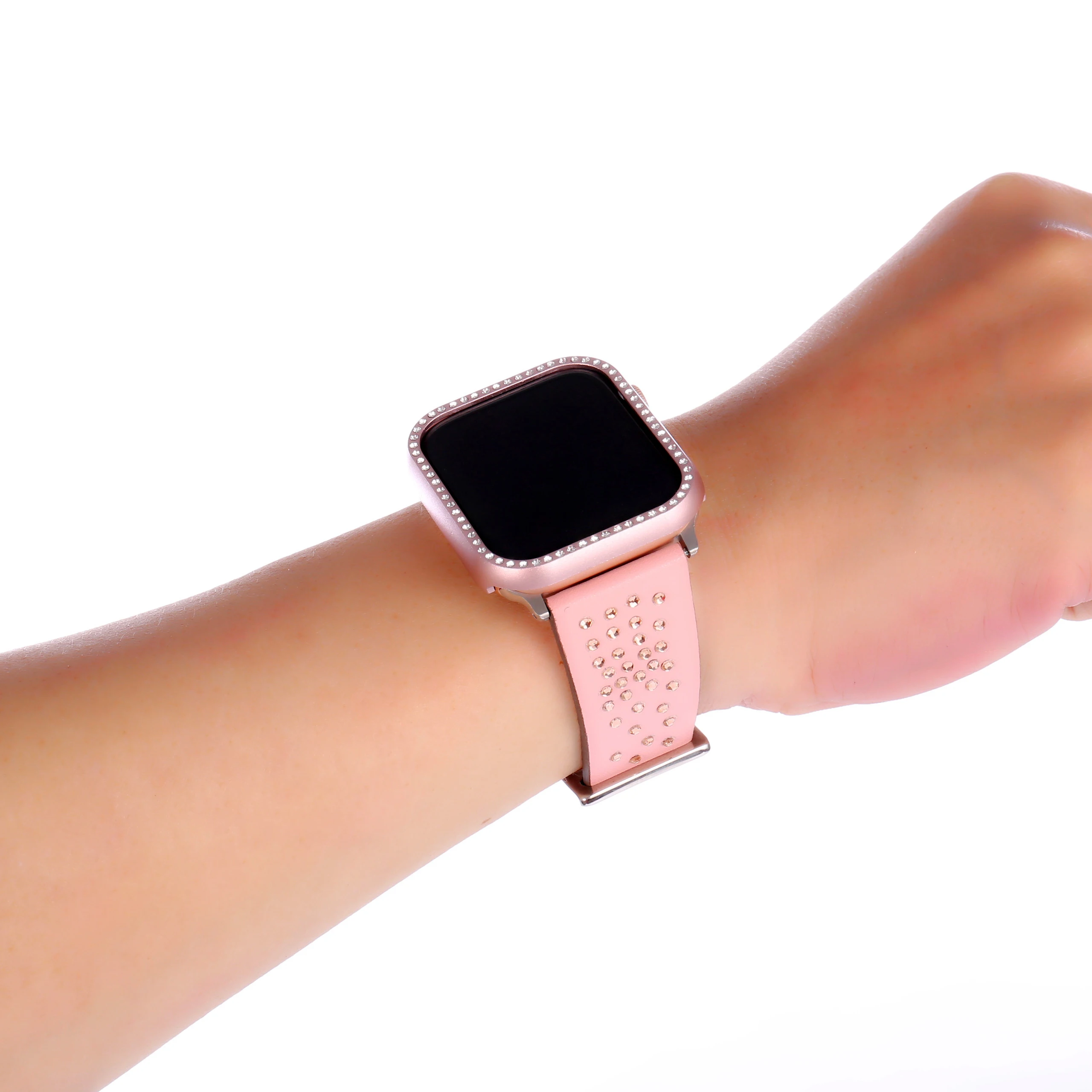 Кожаный браслет с алмазами ремешок+ чехол для apple watch 4 44/40 мм защитный бампер крышка аксессуар для iWatch серии 3 2 1 42/38 мм