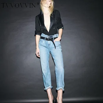 

TVVOVVIN 2020 new sashes jeans straight streetwear loose vintage ripped casual pocket long girl female pocket patchwork a692