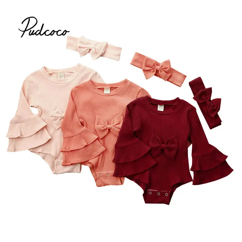 pudcoco Newborn Baby Girls clothes solid Long Sleeve Ruffle O-Neck Bodysuit + Headband 2pcs cotton kids Outfits Autumn Clothing | Мать и
