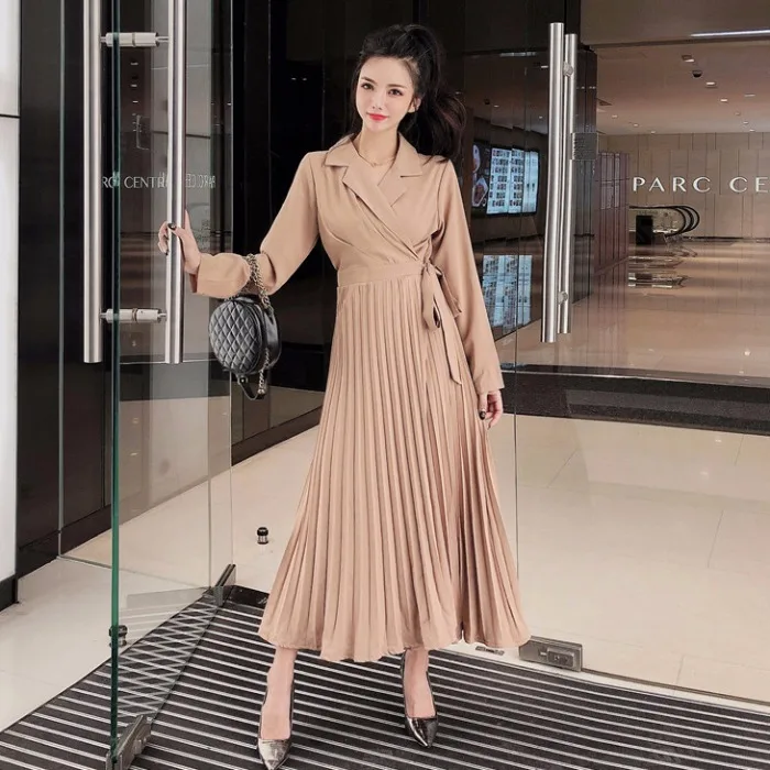 

2019 Autumn Clothing New Style Korean-style Fashion Suit Collar Waist Hugging Slimming Mid-length Lace-up Pleated Big Hemline Dr