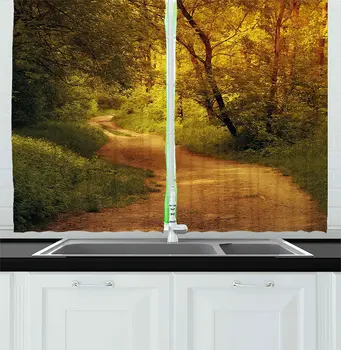 

Forest Green Landscape Kitchen Curtains Forest Farm Country Life Road Flowers Trees Woods Photo for Kitchen Cafe Decor