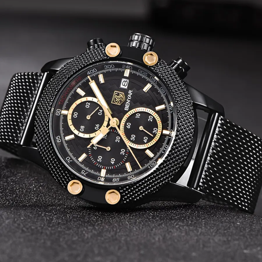 Benyar мужские часы черные мужские кварцевые часы лучший бренд класса люкс водонепроницаемые мужские стальные спортивные наручные часы Мужские часы золотые Saat