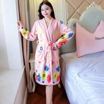 

Thick Warm Soft Flannel Kimono Robes for Women 2020 Winter Long Sleeve Flower Coral Velvet Bathrobe Loungewear Homewear Clothing