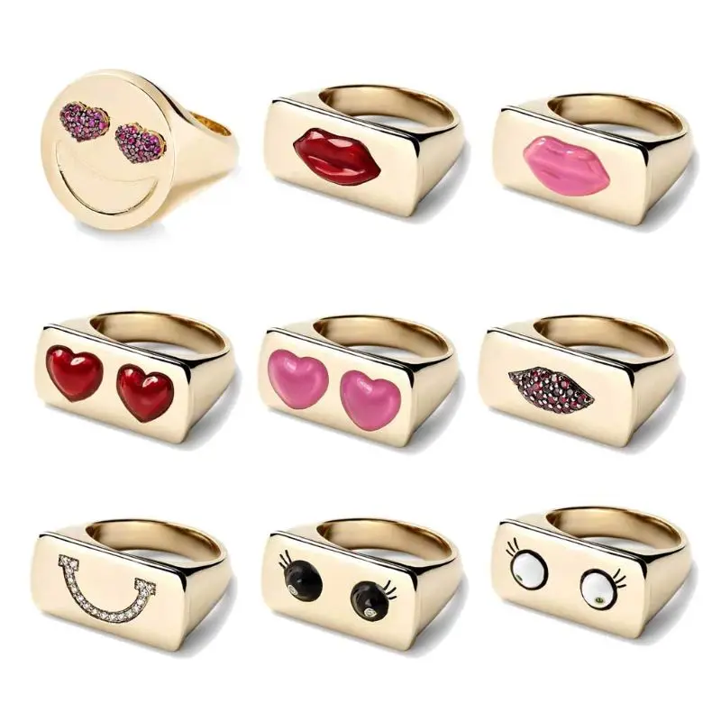 

Happy Smiley Face Rings Square Toe Lips Big Eyes Ring Band Women Fashion Jewerly US size 7-Diameter17mm