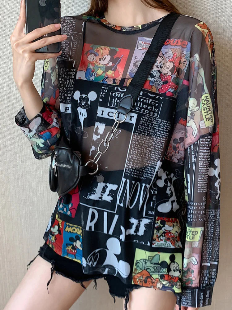 Disney 2021 Summer Famous Anime Mickey Mouse Brand Mesh Shirt Women Sun Protection Transparent Long Sleeve Blouse Ladies T-shirt