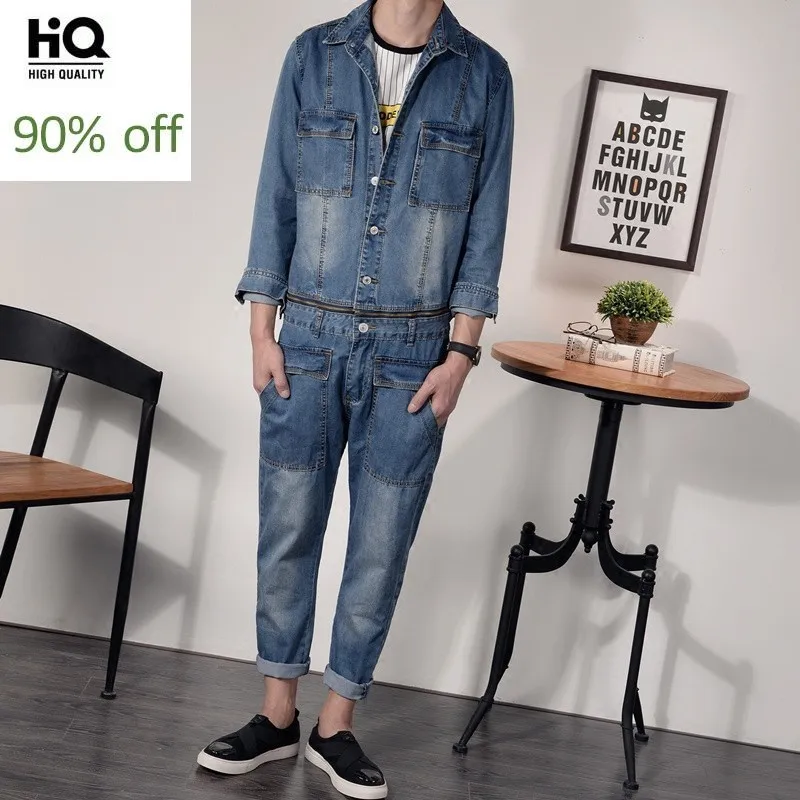 

Denim Overalls Mens Autumn 2020 Korean Fashion Punk Style Casual Jeans Jacket Ankle-Length Pants Male Pockets Slim Fit Jumpsuits