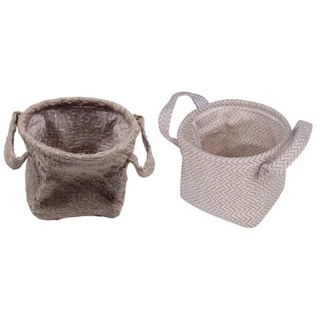 

2x Storage Basket Hemp Rope Flower Pot Dirty Clothes Laundry Hamper with Handles(Dark Color/Light Color 12X12X12cm)
