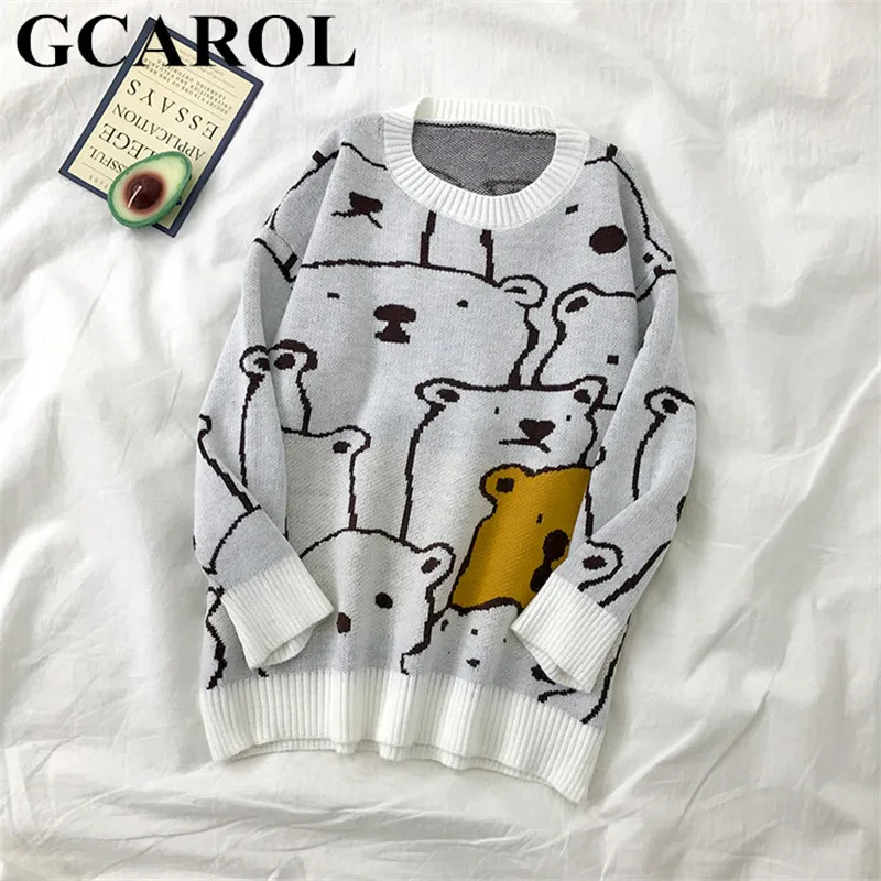 GCAROL, новинка, зимний свитер с рисунком медведя из мультфильма, свободный свитер большого размера в консервативном стиле, повседневный милый трикотажный джемпер для девочек - Цвет: Белый
