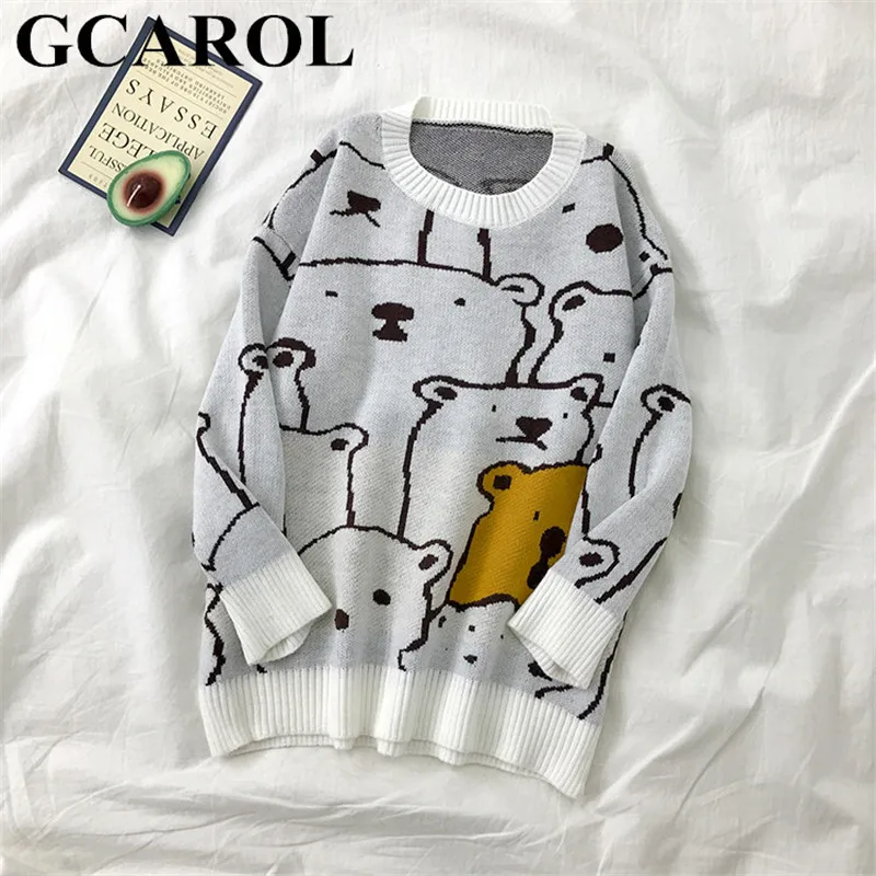 Белый GCAROL, новинка, зимний свитер с рисунком медведя из мультфильма, свободный свитер большого размера в консервативном стиле, повседневный милый трикотажный джемпер для девочек - Цвет: Белый
