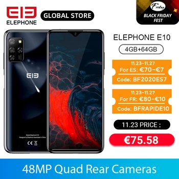 Перейти на Алиэкспресс и купить ELEPHONE E10 смартфон MT6762D Octa Core 6,5 дюймHD + 4000 мА/ч, 4 Гб 64 Гб быстрой зарядки андроид 10 NFC сбоку отпечатков пальцев мобильный телефон