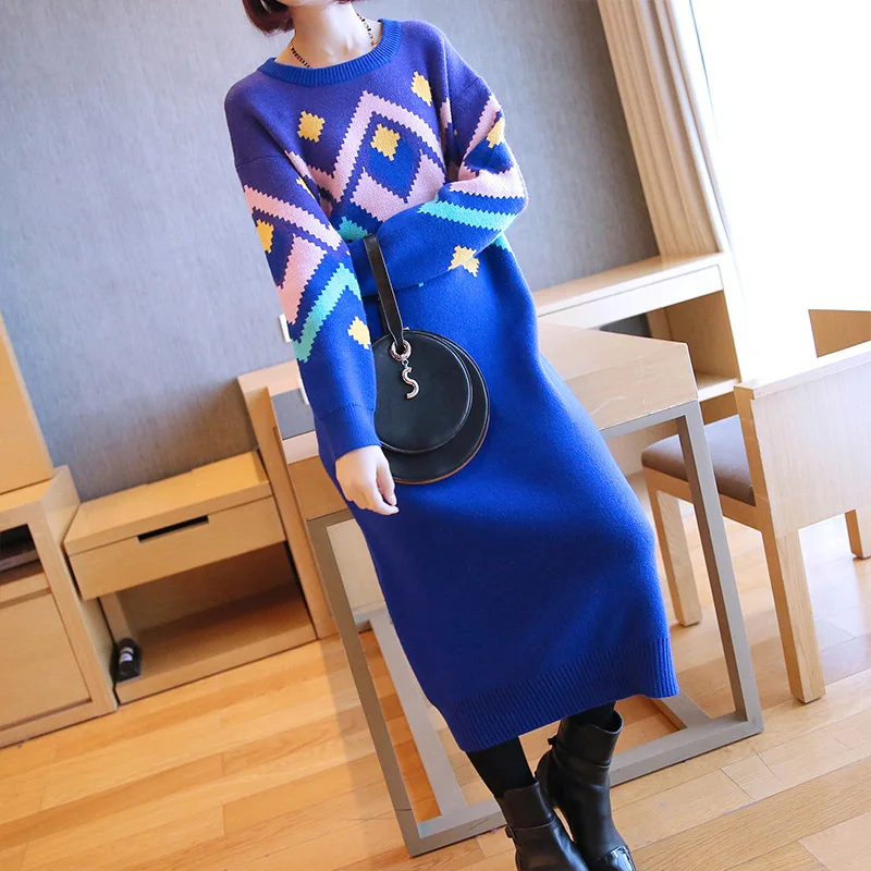 2019 Trui Herfst Winter O-hals Maxi Blauwe Jurk Vrouwen Vestidos Oekraïne Kleding Befree Vintage Patroon Trui 2019 Trui Herfst Winter O-hals Maxi Blauwe Jurk Vrouwen Vestidos Oekraïne Kleding Befree Vintage Patroon Trui