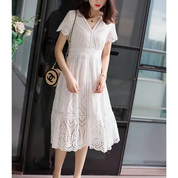 

2020 new spring high-end French niche temperament ladies V-neck short-sleeved dress in the long section