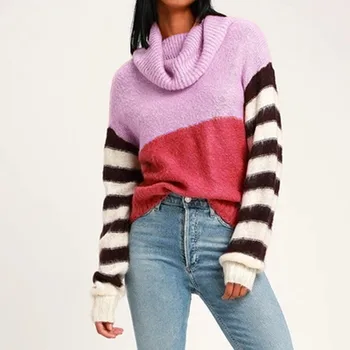 

Turtleneck Color Stripe Sweater Women Collar Shawl Knitted Sweaters Mujer Stripe Knitwear Patchwork Top Loose Oversize Blouse