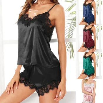 

New Women's Sleepwear Sexy Sleeveless Strap Nightwear Lace Trim Satin Cami Top Pajama Sets Casual