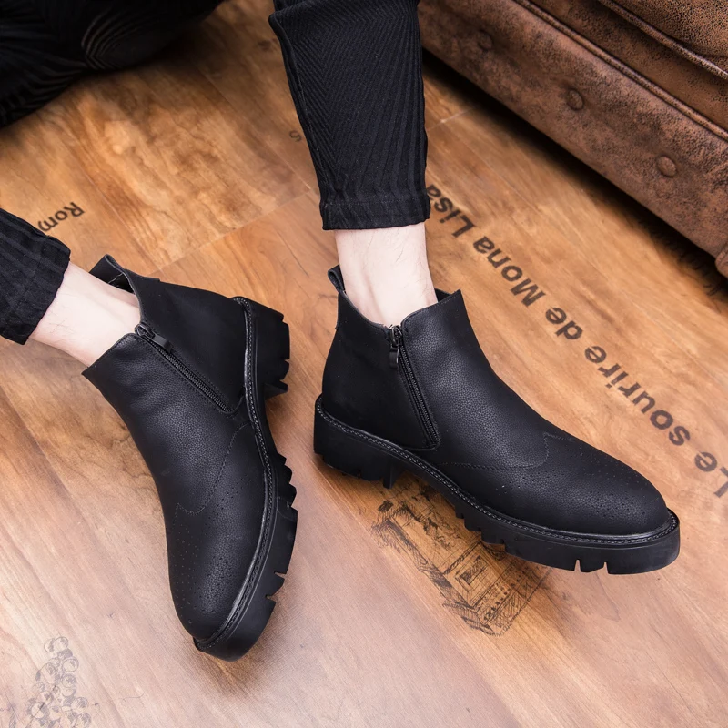 ZSAUAN/повседневные мужские ботинки-броги без шнуровки в британском стиле; кожаные ботильоны с высоким берцем на молнии в винтажном стиле; кожаная мужская обувь на платформе