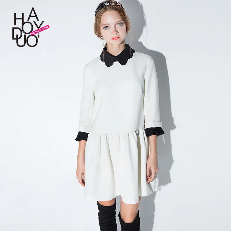 

Haoduoyi2019 Autumn And Winter New Style Sweet Contrast Color Lace Peter Pan Collar A- line Skirt Ol Slim Dress