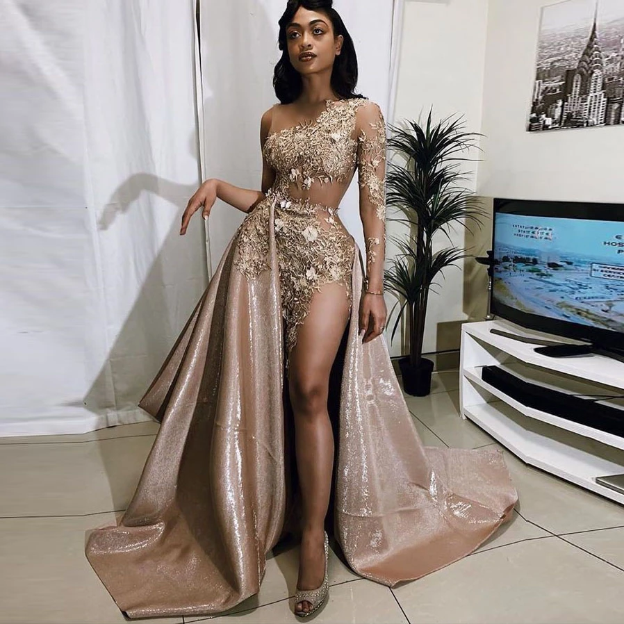 Champagne Gold Robe De Soiree Sexy See Thru High Slit Overskirts Evening  Formal Dress Long Sleve Lace Appliqued Prom Gowns - Dresses - AliExpress