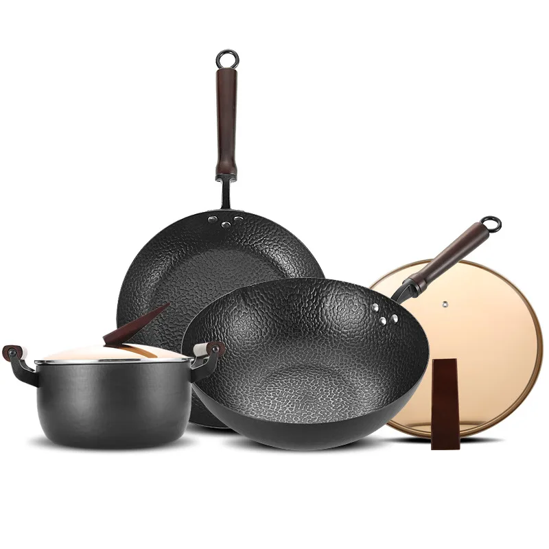

Manufacturers Direct Selling Wok Three-piece Set Handmade Forged Non-stick Wok Multi-Functional Flat-bottom Pot Household Stew P