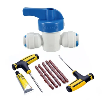 

2 Set Accessories: 1 Set 6mm 1/4 inch Ball Stopcock Ball Valve with Clutch RO System & 1 Set Car Tire Repair Tools Kit