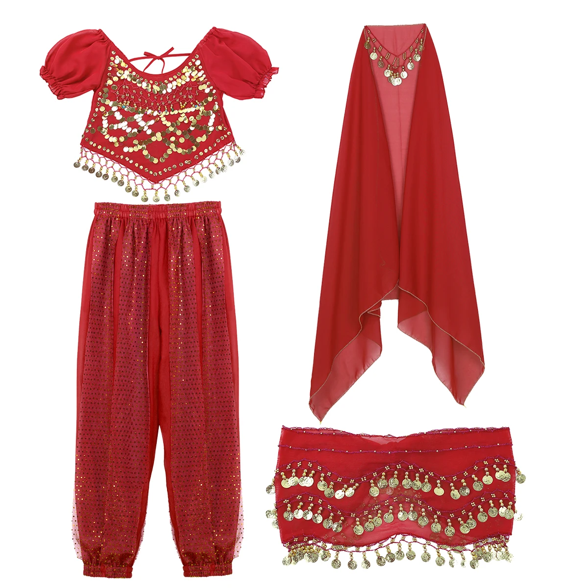 Costume Danza Del Ventre Donna - Set 4 Pezzi (Top, Gonna, Sciarpa, Velo), Poliestere, Per Spettacoli E Feste