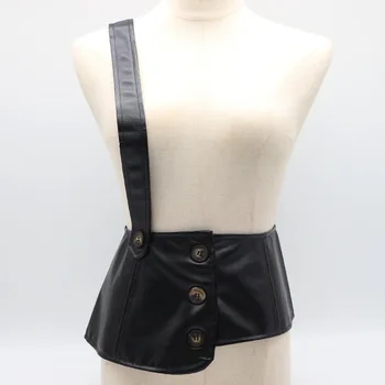 

2020 New PU leather Black one shoulder Split Joint Buckle Wide Temperament Belt skirts Personality Women New Fashion Tide