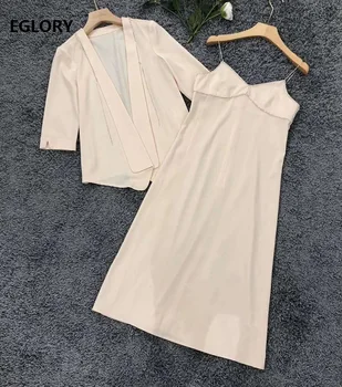 

Elegant Work Suits 2020 Summer Jacket Sets Women Cardigan Tops Coat+Beading Deco Spaghetti Strap Midi Dress Set Apricot Black