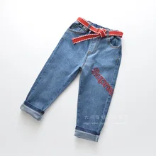 0611-45 детская одежда; Новинка года; сезон осень; джинсы для девочек с вышитыми буквами и ремнем